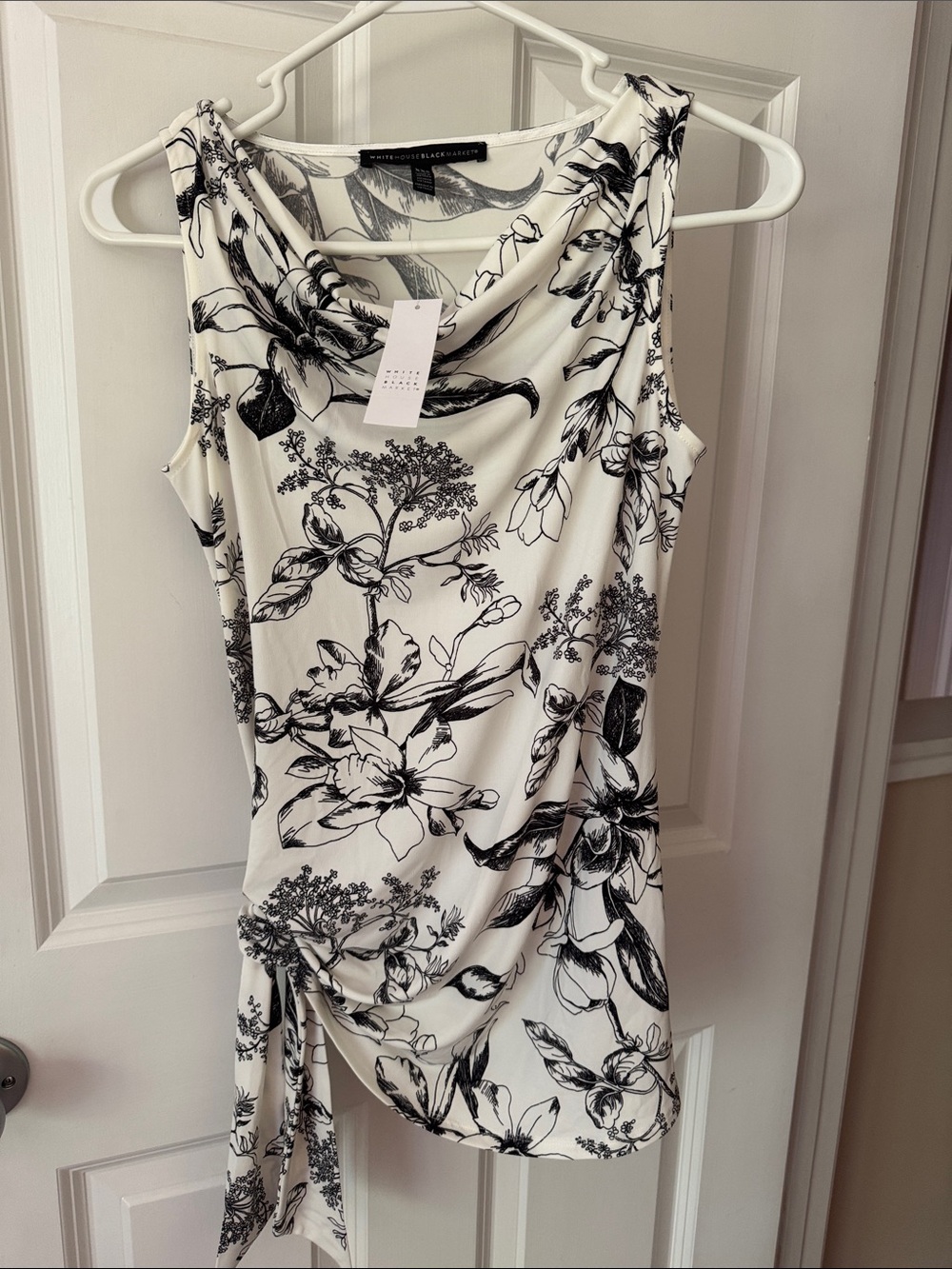 White House Black Market White & Black Floral Cowl Neck Tank